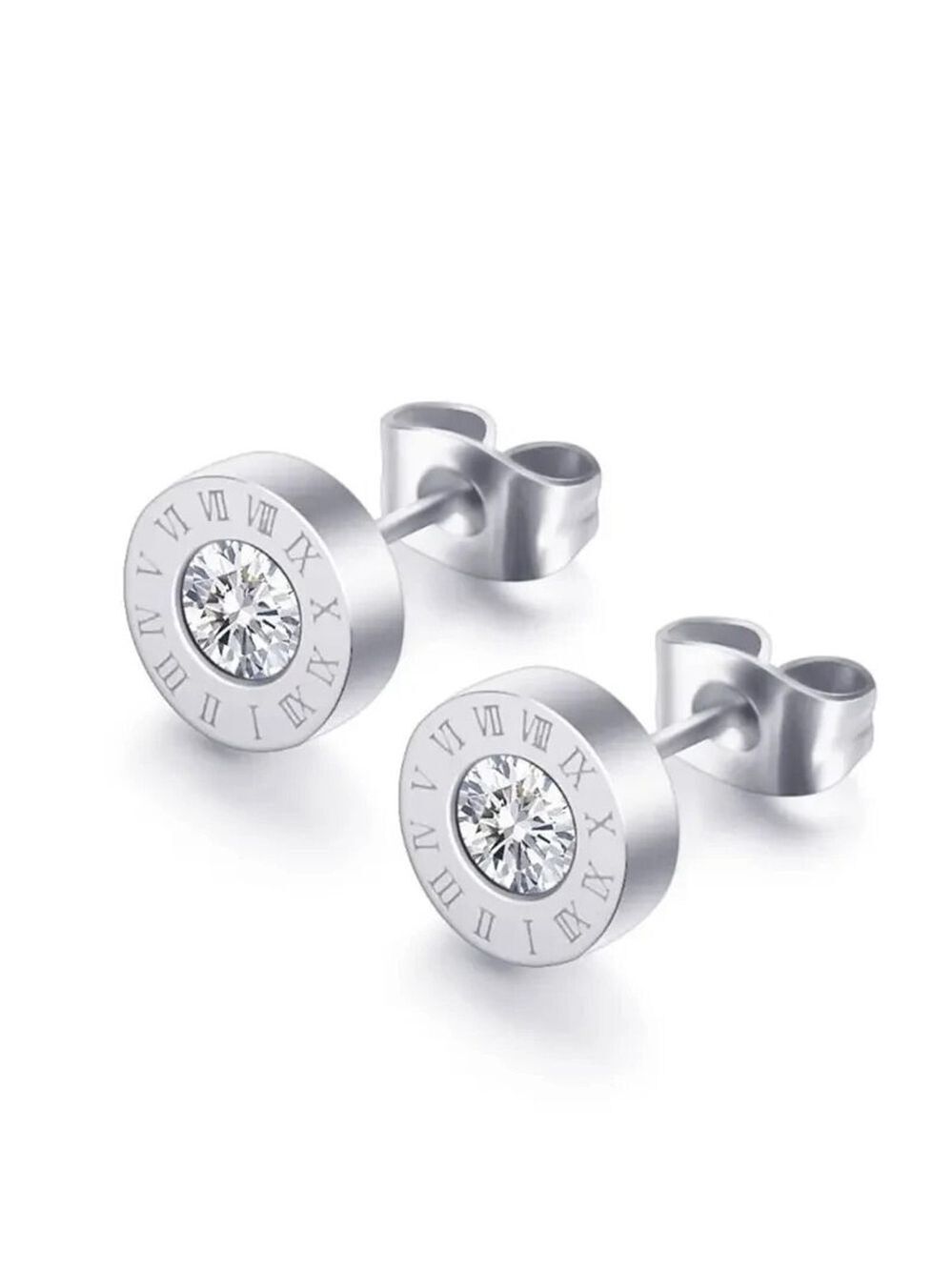 Roman Numeral Stud Earrings with Sparkling Zirconia, Stainless Steel